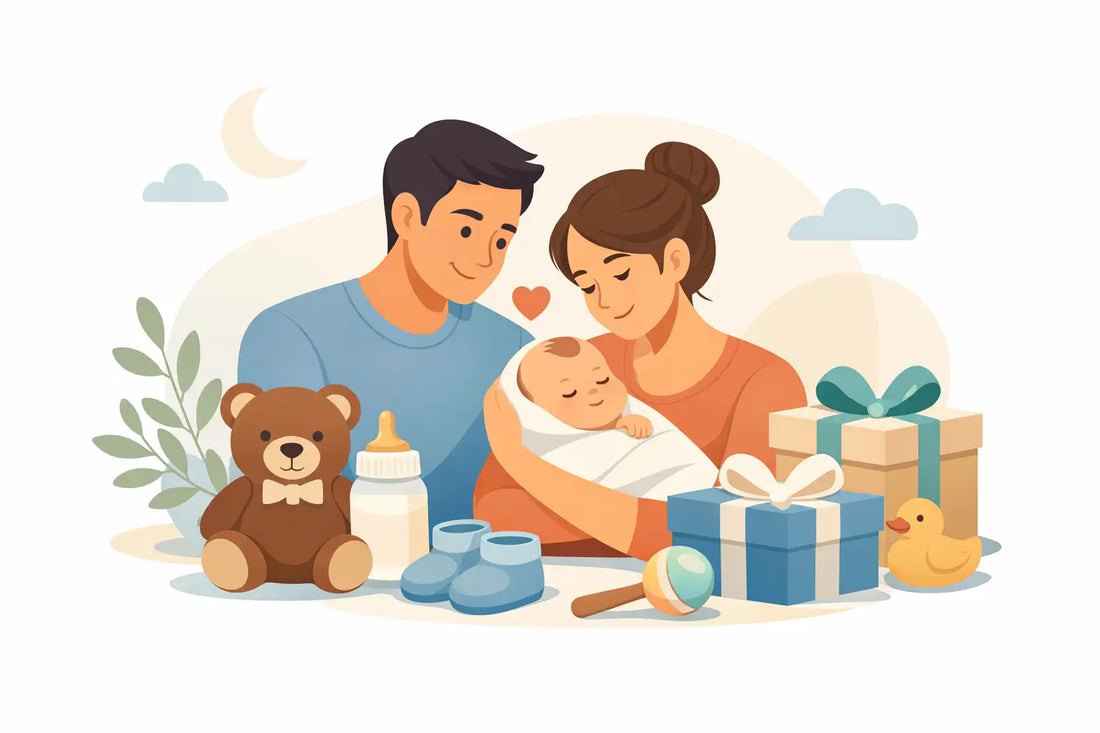 Geschenk für frischgebackene Eltern mit Baby